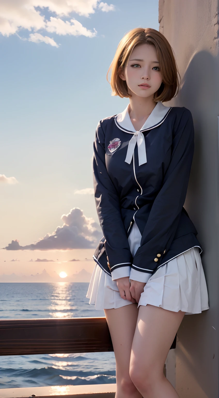 (Best Quality, hight resolution, masutepiece :1.3), (Taken from below), Pretty Woman, Orange sunset sky, Sun and clouds on sea background, Cute girl in uniform. Her hair is light brown in medium bob style. She wears a white blouse and pleated skirt, Stand with her legs wide open, Blushing face, looking in camera, Dynamic shooting