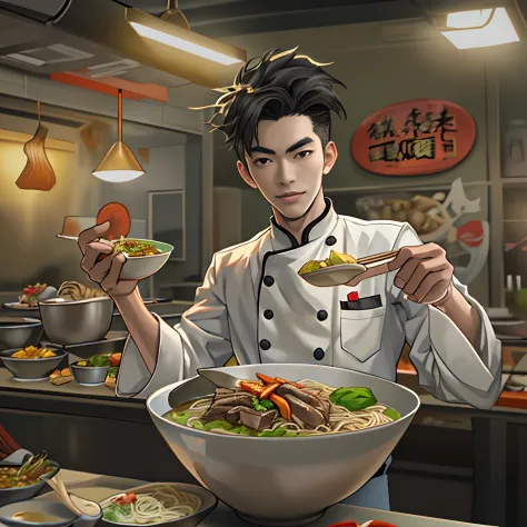 A young and handsome chef stands in front of the camera，Holding a tempting bowl of beef noodles,in the style of the stars art group xing xing, 32K, Best quality, Masterpiece, Super detail,