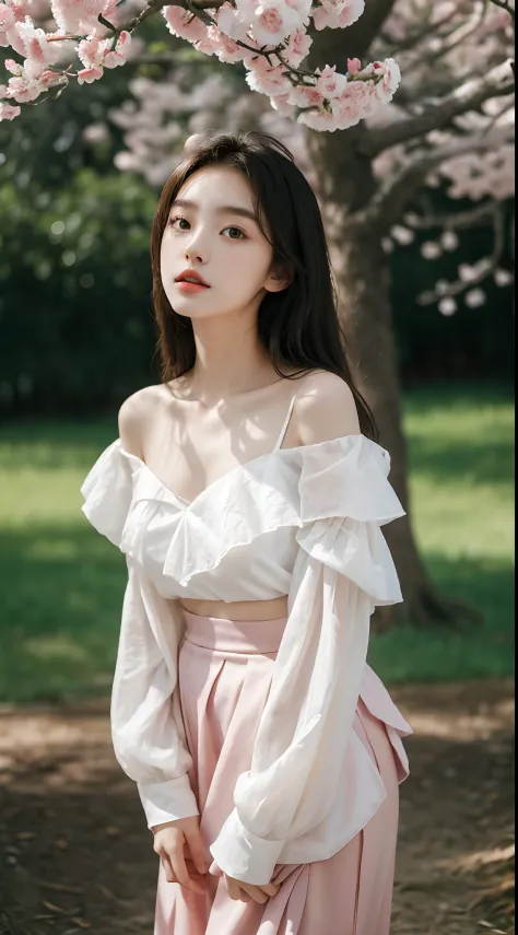(Best quality, Masterpiece，16k), 1girll, Korean girl，18yr old，Absolutely beautiful, Amazing, In the park，Under the peach blossoms，Noble,perfect bodies, Perfect face shape，Charming eyes，Bright big eyes，二重まぶた，Long eyelashes，sensual lip，White skin，The gauze s...