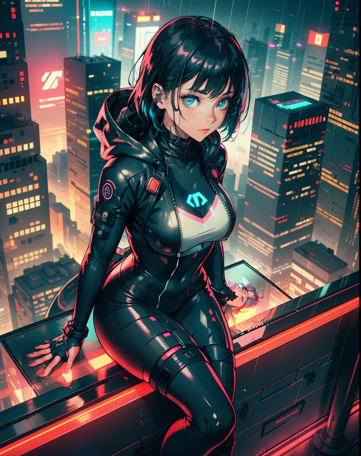 Cyberpunk girl on top of a building wearing a see-through rain suit watching the city on the horizon in the middle of the night, luzes neon, ultra detalhado, Panning, poit of view of biulding, view from above, long vision spectator