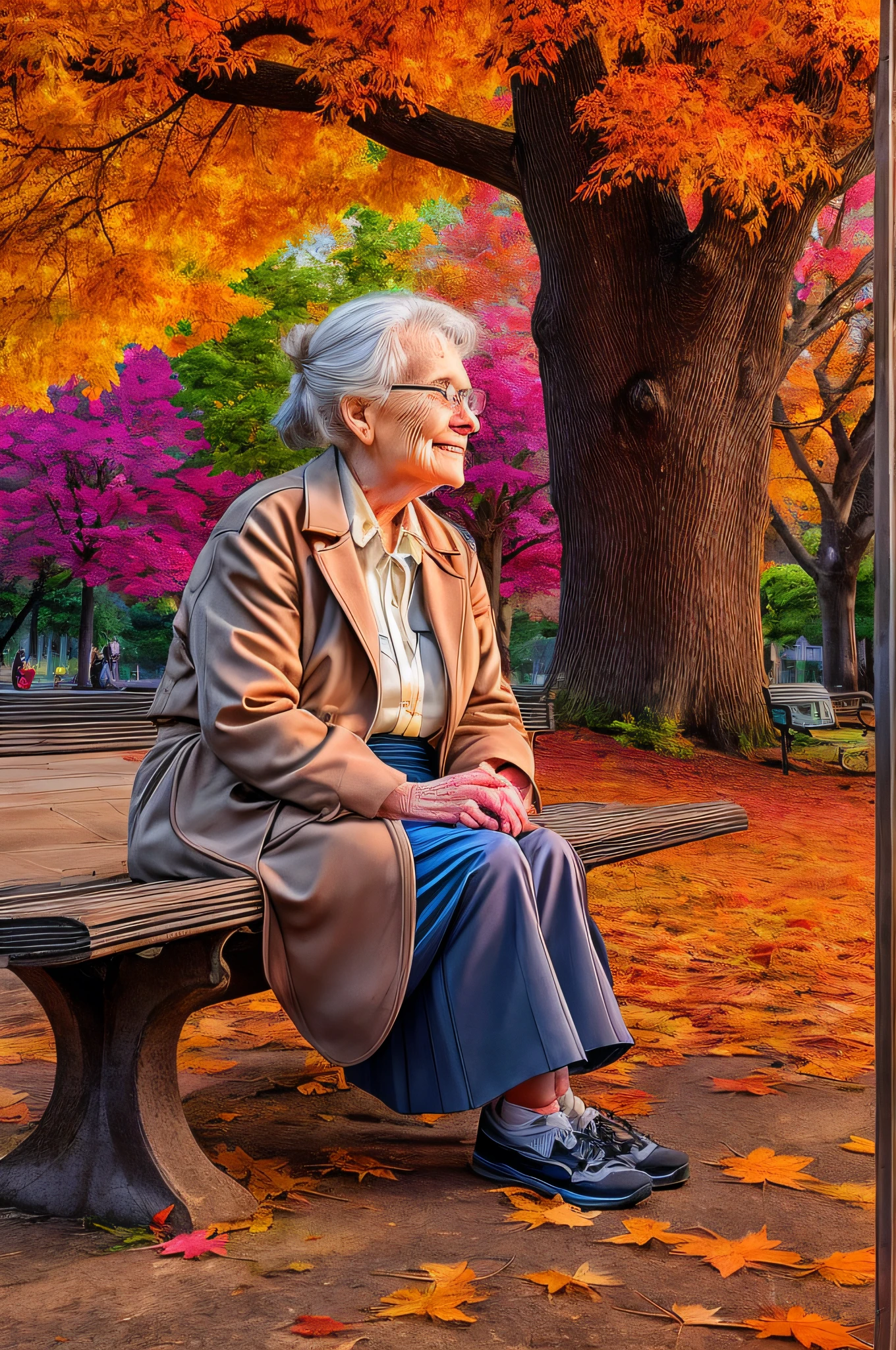 picture of 一位老妇人 坐在长凳上 in the park under the maple tree in a park at autumn, 一位老妇人, 看起来很杰出, 头发花白, 良好, 蓝色的, 眼睛, 眼睛 that had good life, 历史生活, 穿着绿色的裙子, 和白色衬衫, 活力鞋, 坐在长凳上, 拐杖就放在旁边的长凳上, 秋天的枫树下, 许多红色的叶子, 橙色和眉毛, 全谱, 鲜艳的色彩, 太阳落山, 晚上, 城市公园背景, 最好的质量, 16千, [极其详细], 杰作, 最好的质量, (极其详细), 全身, 超广角拍摄, 真实感