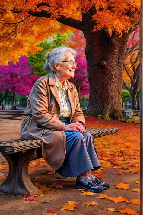 picture of an old woman sitting on a bench in the park under the maple tree in a park at autumn, an old woman, looking distingui...