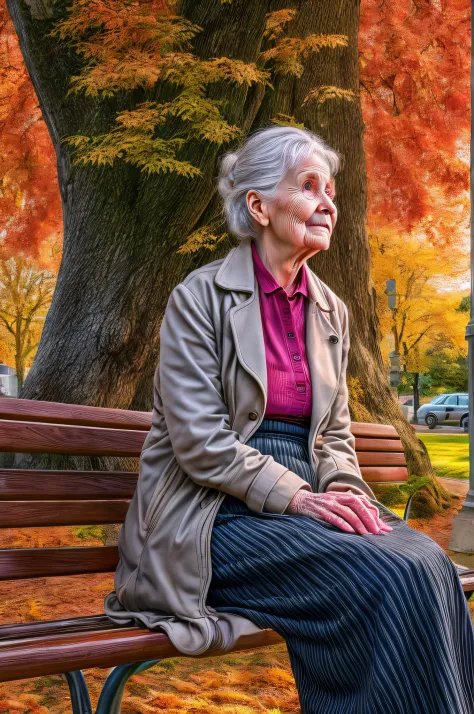 picture of an old woman sitting on a bench in the park under the maple tree in a park at autumn, an old woman, looking distingui...