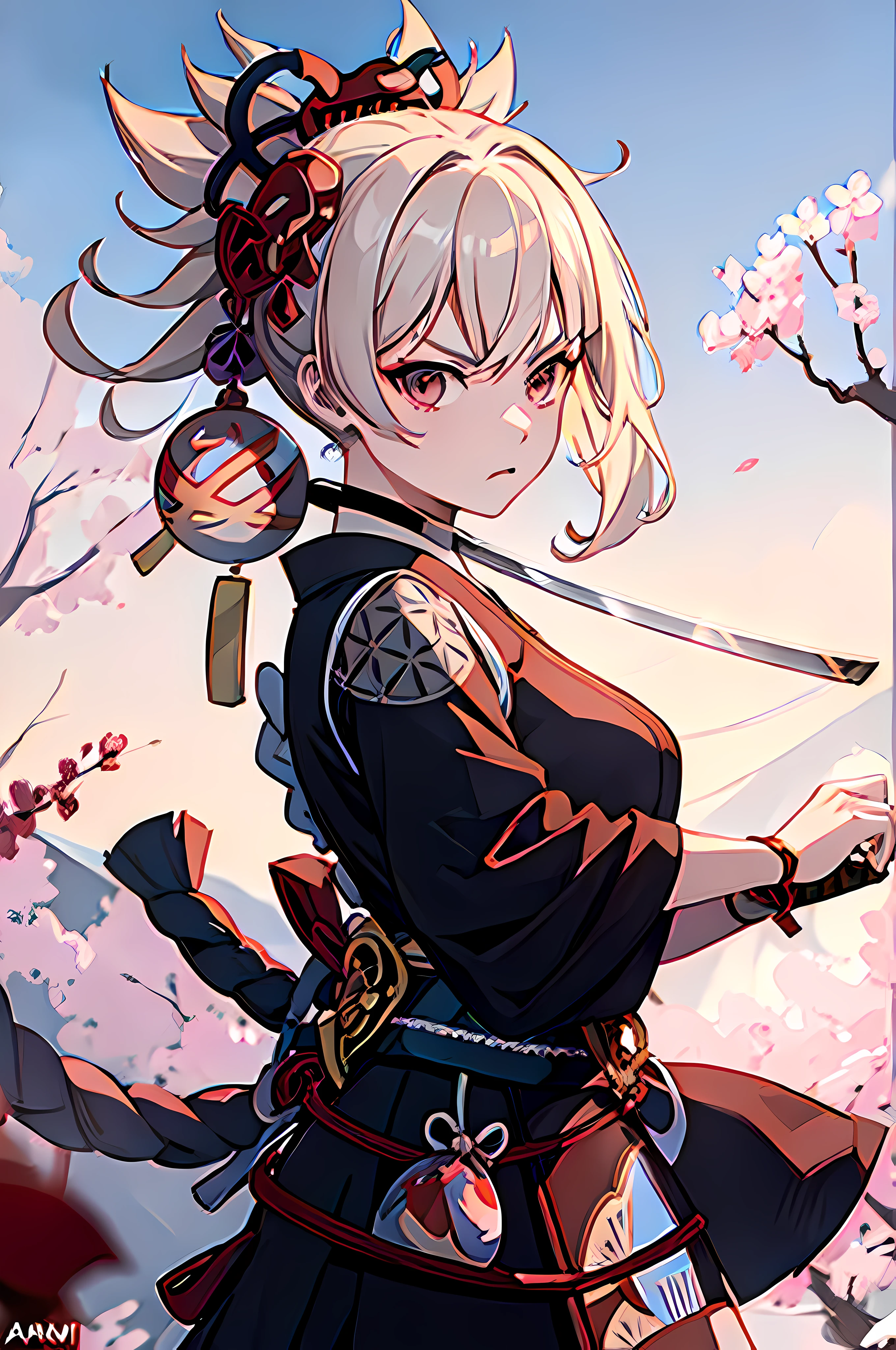 1 girl, ponytail, samurai mask, samurai, holding katana (amenoma kageuchi) , angry, furious eyes, perfect eyes, cherry blossom, celestial lighting, japanese background, better quality, highres, 8k, masterpiece, shogun, simple background, perfect face, katana in hand