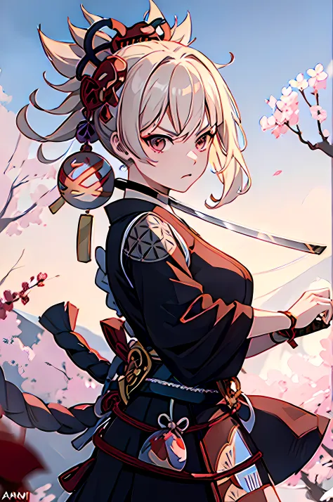 1 girl, ponytail, samurai mask, samurai, holding katana (amenoma kageuchi) , angry, furious eyes, perfect eyes, cherry blossom, ...
