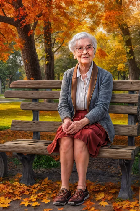 picture of an old woman sitting on a bench in the park under the maple tree in a park at autumn, an old woman, looking distingui...