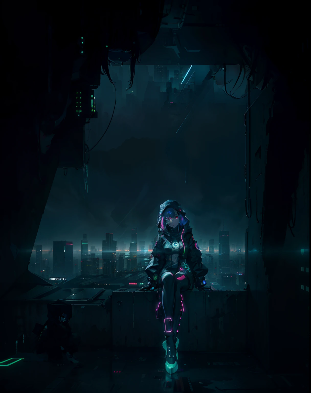 cyberpunk girl sit in a top of a building wearing a rain suit observing the city on the horizon in the middle of the night, neon lights, ultra detailed, panoramic view, point of view of biulding, view from above, long vision spectator