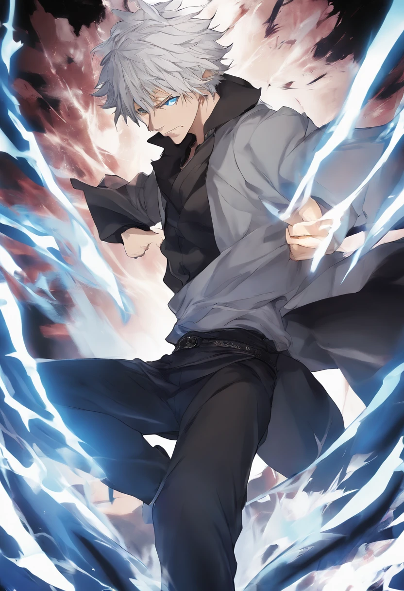 gojo satoru, jujutsu  kaisen, anime, 1 young man, in the top of tower, amazing, focused, ray of light, blue eyes, white hair, black shirt, in the battlefield, powerfull magic aura, depth of field.