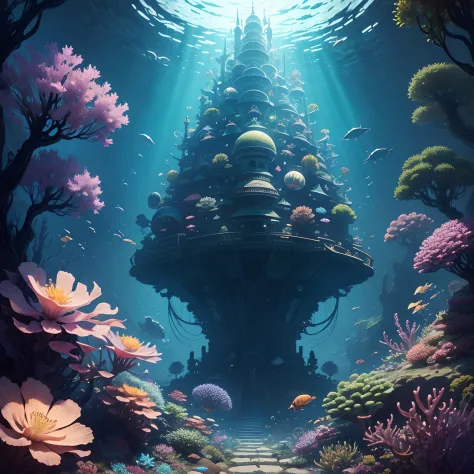 realistic undersea world many different, detailed, colorful magic plants, rampant flowers and strange animals, different type of fishes, many jellyfishes, sank detailed spaceship, japanese buildings underwater, miscellaneous art style, realistic use of lig...