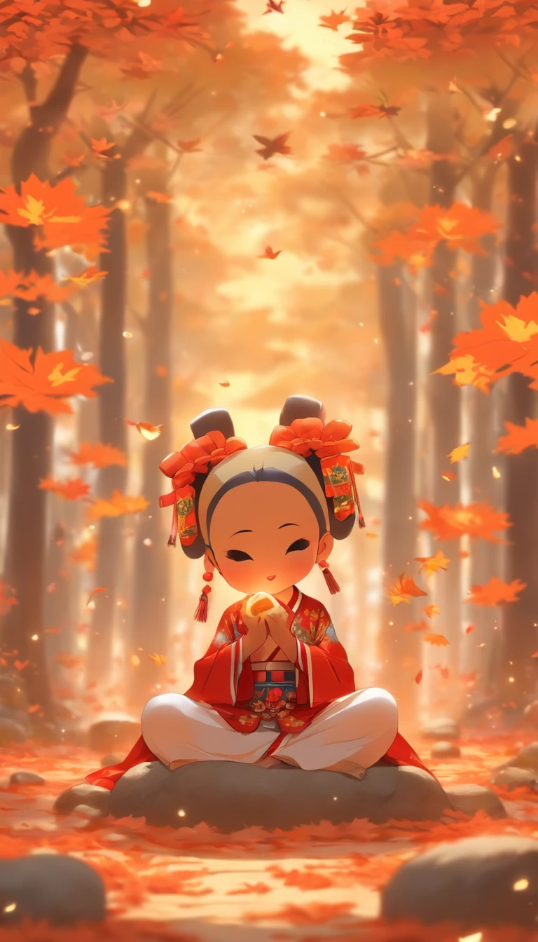 A young girl sits under a maple tree eating rock sugar gourd，Japanese manga style，The girl wears a Peking Opera costume，There are swallow-shaped kites on the ground，panini，Small cake，Fruit pie，high tea，some books，Japanese treatment system，