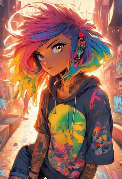 The most beautiful and sexy skateboard girl, rainbow colored hair, yellow eyes, wearing hoodie, graphic t-shirt, torn skinny jea...