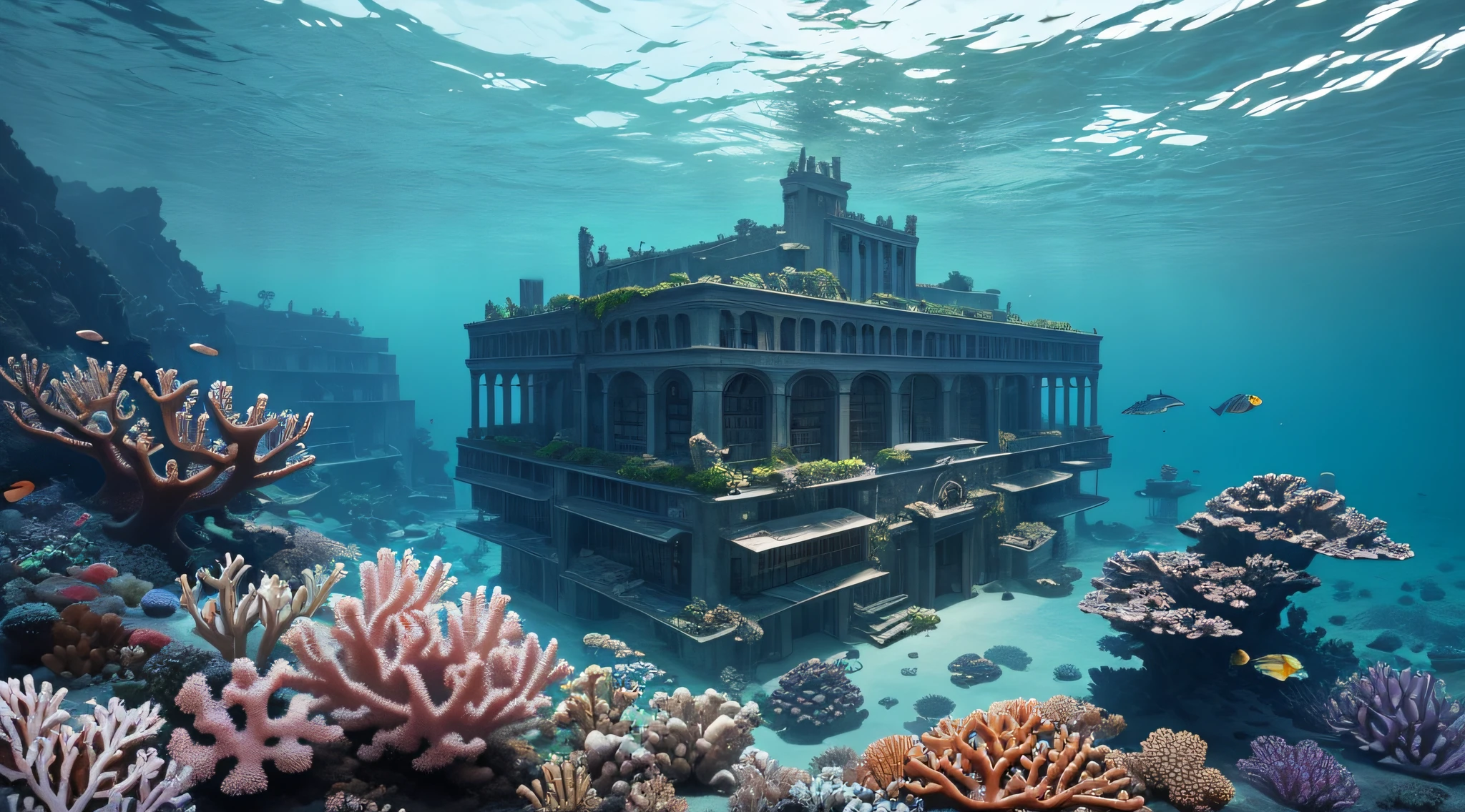 Generate an image of the Lost Library of Atlantis, nestled deep within the ocean, surrounded by enigmatic coral formations.