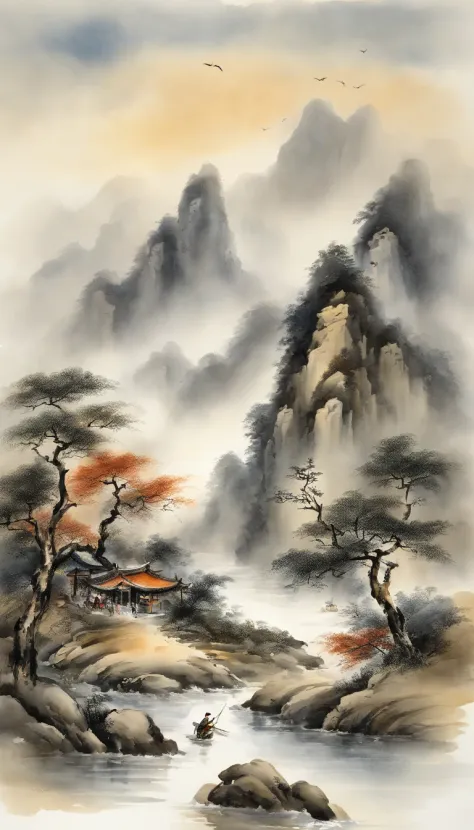 In Chinese landscape painting、Use ink and watercolor styles、We produce by combining water ink and ink。Stain the screen、Detailed scenery is depicted from a distance to an ultra-wide viewing angle.。A light boat floats in the distance、Stain that meticulous de...