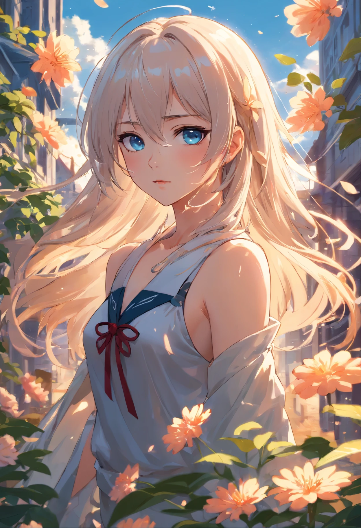 An extremely detailed illustration of a vampire girl on the town, perfect body, (anime illustration), medieval, ((detailed fantasy town)), (detailed sky), (detailed buildings), (small height), {detailed eyes). (white hair), (blue eyes), white plain shirt, tunic, pants, (dramatic lighting), ((Masterpiece)), ((white winds)), ((perfect detailed hands)), detailed leaves, ((intricate detail)), Jewel-like eyes, (sharp eyes), long hair, (((smooth wet skin))), fierce look, (flowers), sunlight, ((surrounded by floating petal)), focus on the subject, chiaroscuro, kingdom, HD wallpaper, UHD image, trending on Pixiv