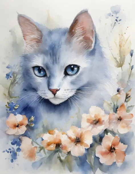 「It is a design with the theme of Russian blue cat and blue flowers。The characteristic blue fur of the Russian Blue cat is depicted in detail、Blue flowers spread elegantly around。Pale background and delicate light and dark、Bringing tranquility and beauty t...