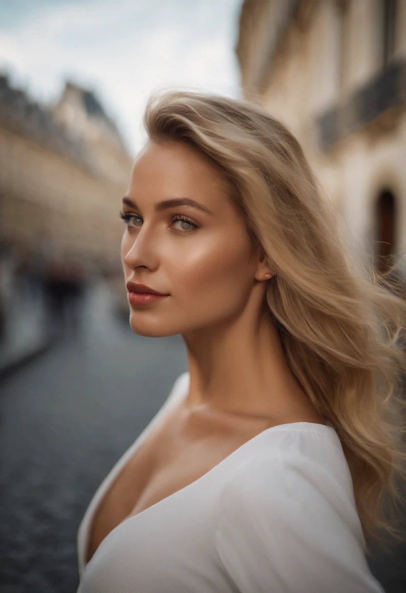 Blonde woman with long hair and white t-shirt staring at camera, Close up  of blonde woman, blonde and attractive features, blonde swedish woman, Blonde  Woman - SeaArt AI