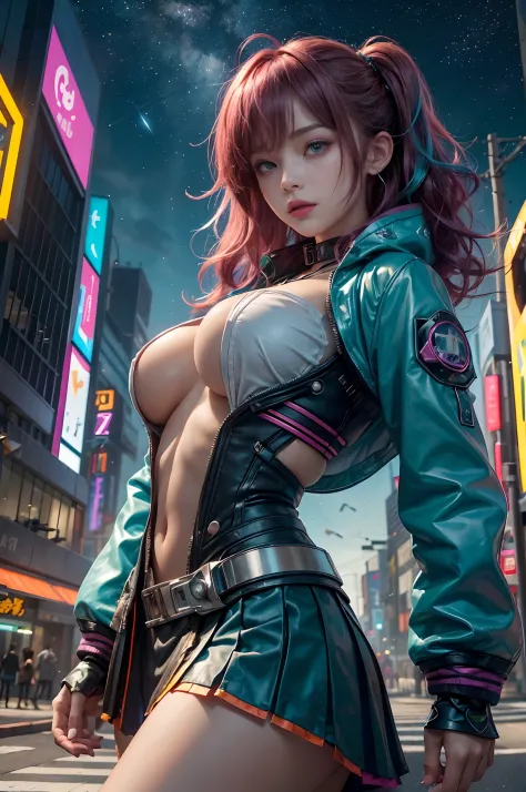 1girl, young, happy, (teal/orange/magenta hair), (wavy bang messy layered choppy hair), open exposed clothing, energetic, sexy, apple silver headphone, blue skirt, white blouse, leather jacket, huge breasts, (robotic eyes), energy core implented inside her...