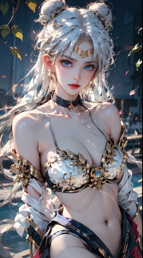 photorealistic, masterpiece, photorealistic, high resolution, soft light, hips up, (blue eyes, white hair), long hair,  (silk and Ribbon in front:1.3),earrings,filigree,detached sleeves,wide sleeves, (armlet:1.2),jewelry, (cleavage,bare shoulder,strapless,...