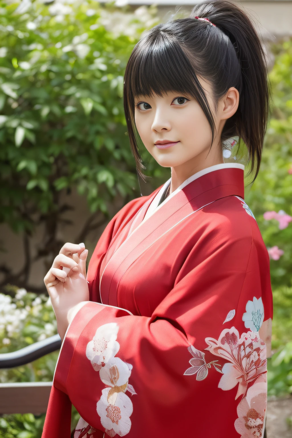 ((of the highest quality, 8K, masutepiece: 1.3)), Sharp Focus: 1.2, (Super beautiful face: 1.0), (Glossy skin: 1.0), Realistic Photos, Black hair, Realistic pupils, Movie Lighting, Highly detailed eyes and face, Movie Lighting,  (Cowboy Shot: 1.0),  (Kimono, Hakama, Obi: 1.15),　(Korean Cute Actress), In nature, Classic kimono,