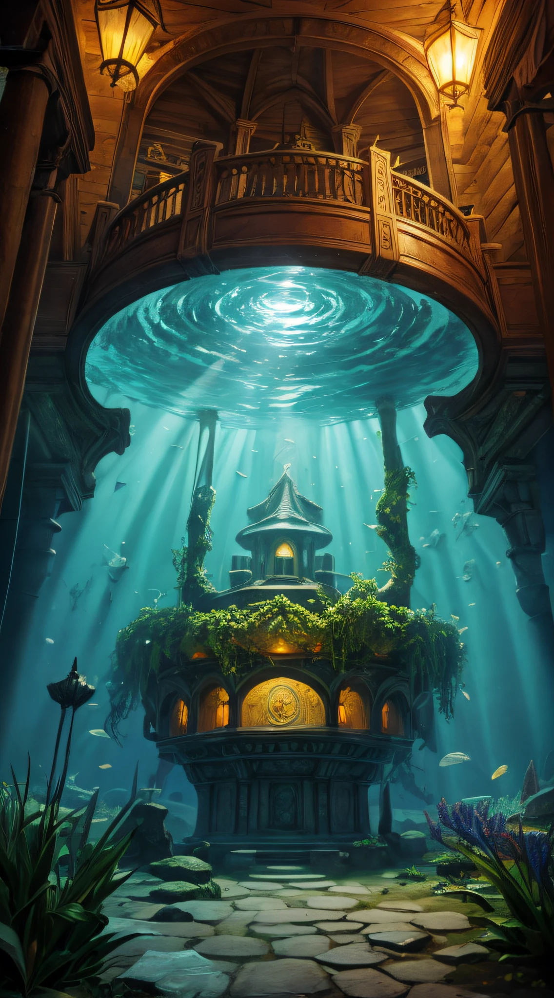 Generate an image of a hidden underwater chamber within the library, filled with illuminated manuscripts and rare, magical artifacts.