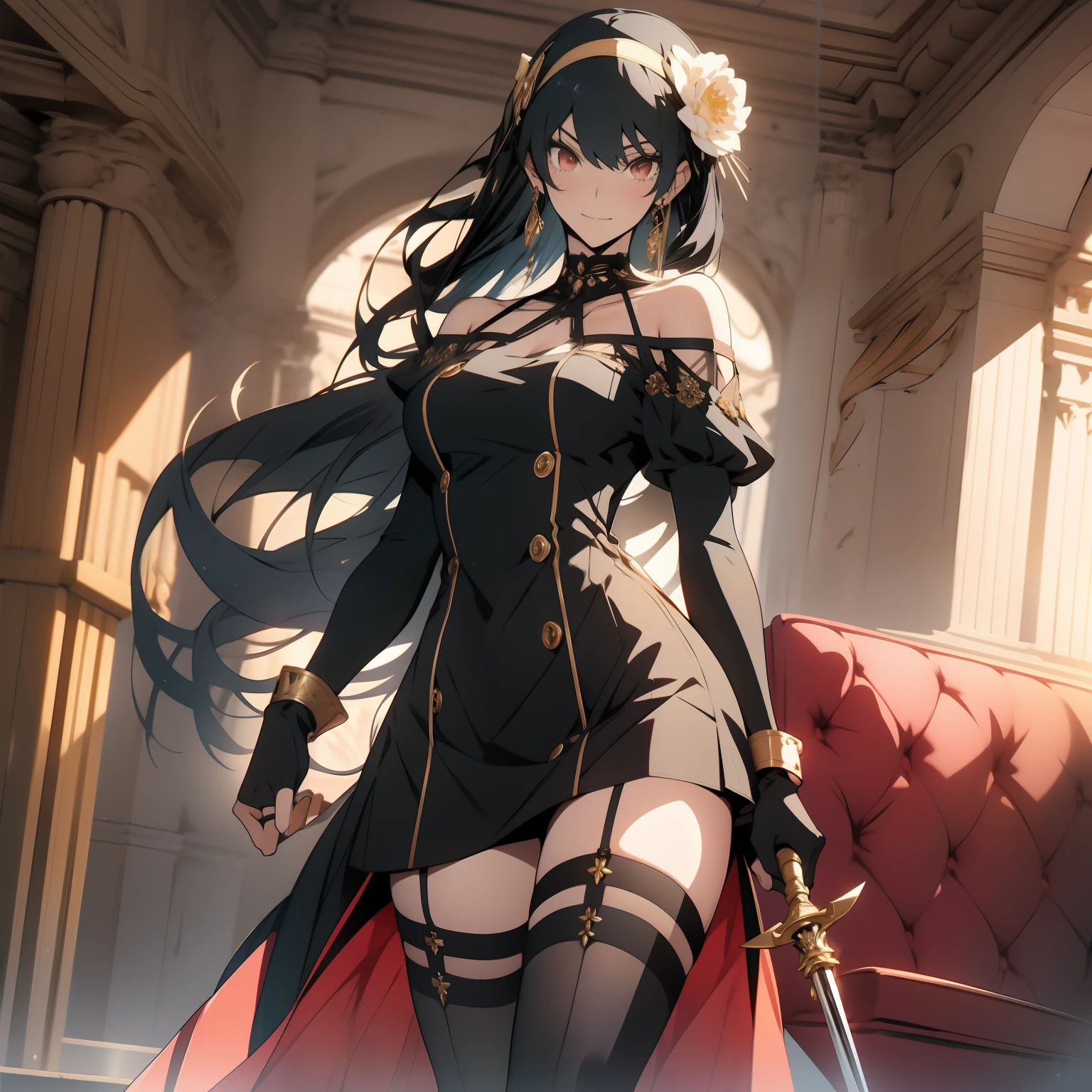 masterpiece, royal background, front light, yor, 1girl, solo, 23 years old, long hair, looking at viewer, large breasts, blushing, cleveage, (black hair), sneer, gold hair ornament, red eyes, thighhighs, gloves, dress, holding, bare shoulders, jewelry, standing, indoors, couch, weapon, flower, sidelocks, hairband, dress, earrings, boots, black gloves, black thighhighs, hair flower, fingerless gloves, holding weapon, black dress, zettai ryouiki, thigh boots, two-sided fabric, holding dagger, gold hairband, two-sided dress,