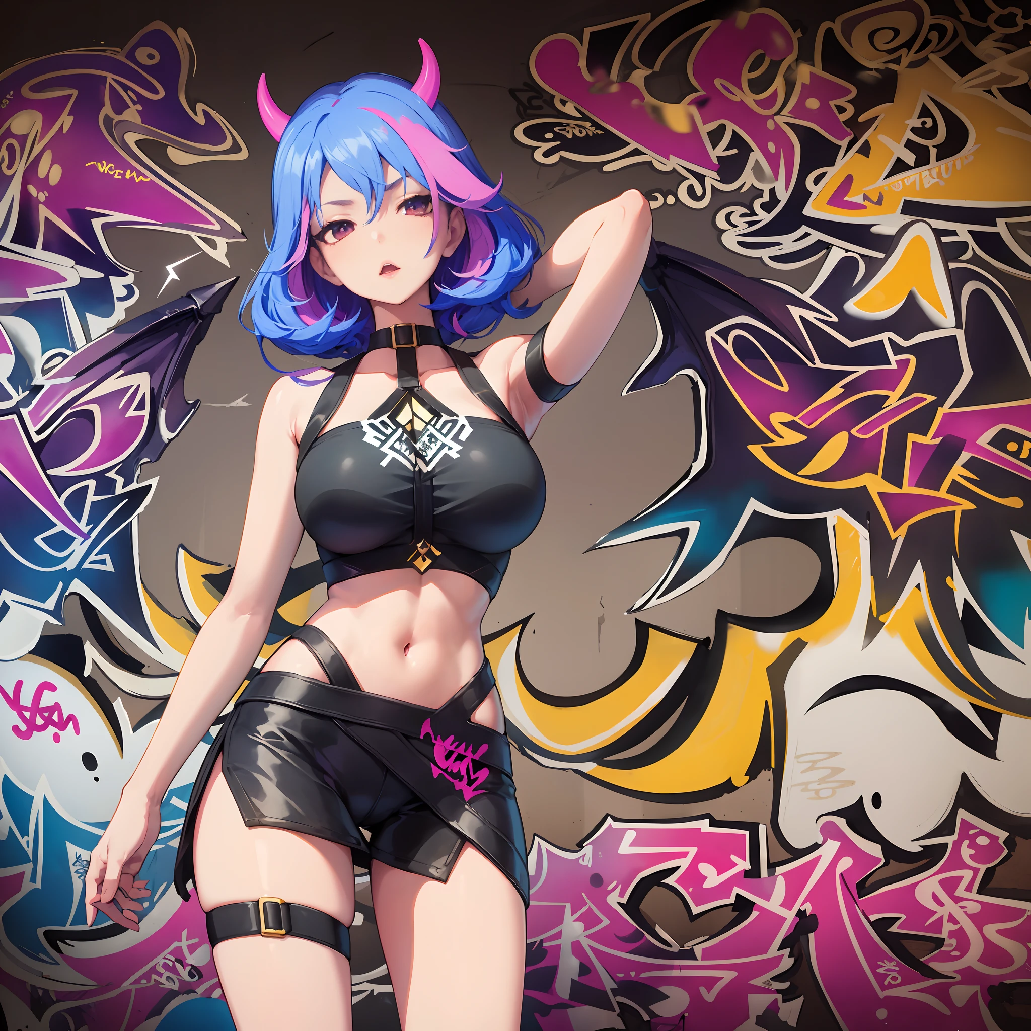 Veera|Arena of Valor, master-piece, bestquality, 1girls,2, It has demonic wings on its back..............., proportional body,proportional., crop top, gigantic breasts, ,bara, crop top, (Graffiti:1.5), Splash with purple lightning pattern., arm behind back, against wall, View viewers from the front., Thigh strap, Head tilt, bored,