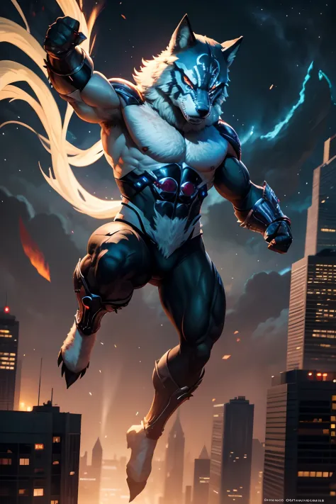 wolf mask, marvel style, full body, flying power, night sky, city below, masterpiece, ultra high detail, ultra high quality
