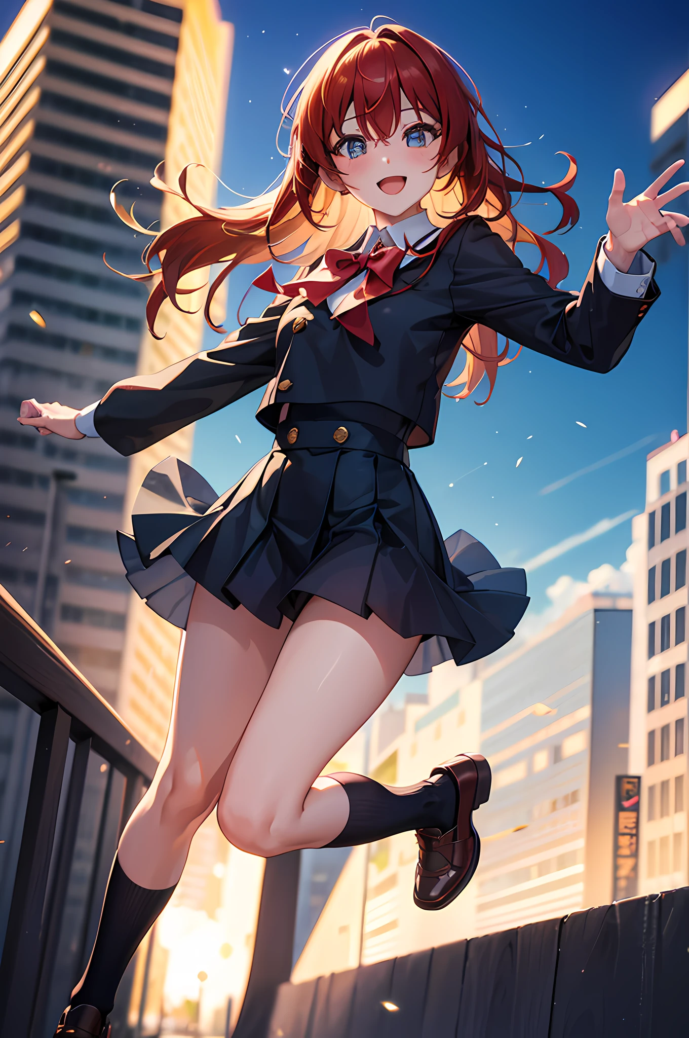 cute,hot,smile:1.1,blushed,school dress,perfect eyes,expressive eyes,dynamic pose,city background,cityscape,simple background,beautiful pose,full body),(best quality,8k,masterpiece:1.2),ultra-detailed,(realistic,photorealistic,photo-realistic:1.37),vibrant colors,soft sunlight,sharp focus,crisp details,lively atmosphere,joyful expression,energetic,playful,sunlit hair,motion blur,magical lighting,glowing city lights