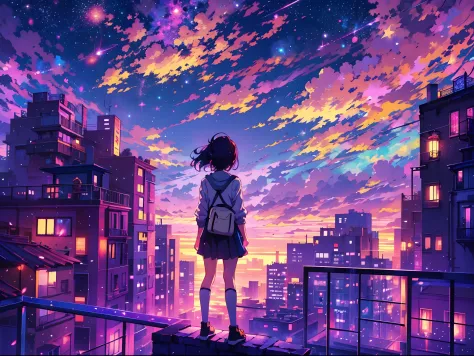 anime girl standing on rooftop looking at night sky with stars and rainbow, rainbow starry night, anime wallpaper 4k, anime wall...