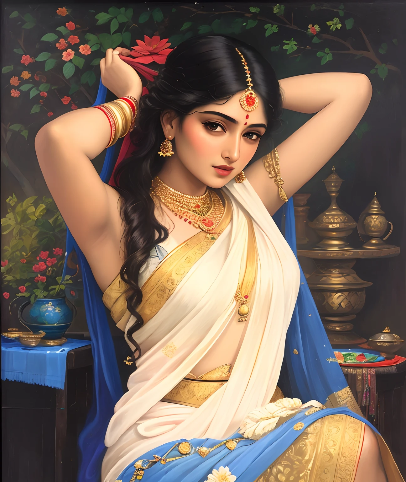 Bathing woman, gorgeous, Masterpiece,8k uhd, hdr, realistic, hyper realistic, intricate, vibrant colour, painting of a woman in a sari sitting on a chair, traditional beauty, inspired by Raja Ravi Varma, indian art, by Raja Ravi Varma, painting of beautiful, inspired by T. K. Padmini, painting of a woman, by Sardar Sobha Singh, gorgeous woman, oil on canvas painting, traditional painting, oil-painting