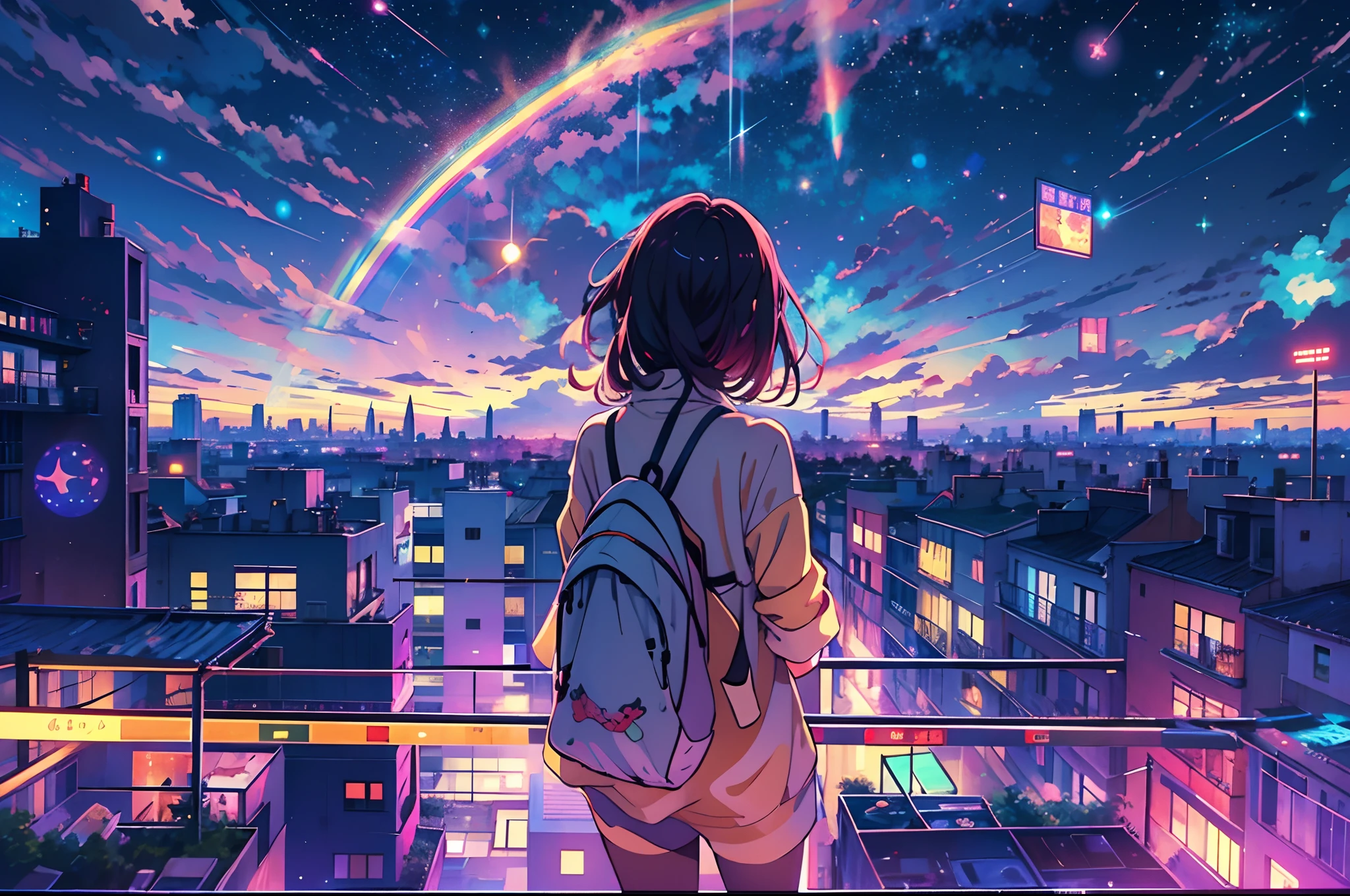 anime girl standing on rooftop looking at night sky with stars and rainbow, rainbow starry night, anime wallpaper 4k, anime wallpaper 4 k, 4k anime wallpaper, anime art wallpaper 8 k, anime art wallpaper 4k, anime art wallpaper 4 k, anime style 4 k, makoto shinkai cyril rolando, 4 k manga wallpaper, anime wallpaper, amazing wallpaper, shooting stars