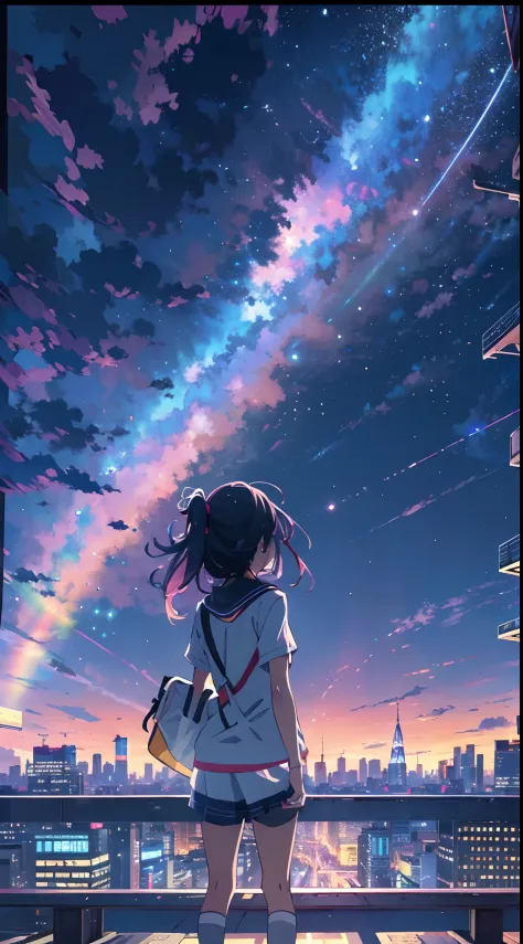 anime girl standing on rooftop looking at night sky with stars and rainbow, rainbow starry night, colorful giant rainbow, anime ...