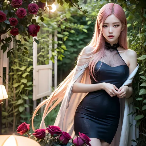 In the moonlit pink roses garden, a girl in a flowing black dress. Her beautiful detailed eyes capture the ethereal glow, while ...