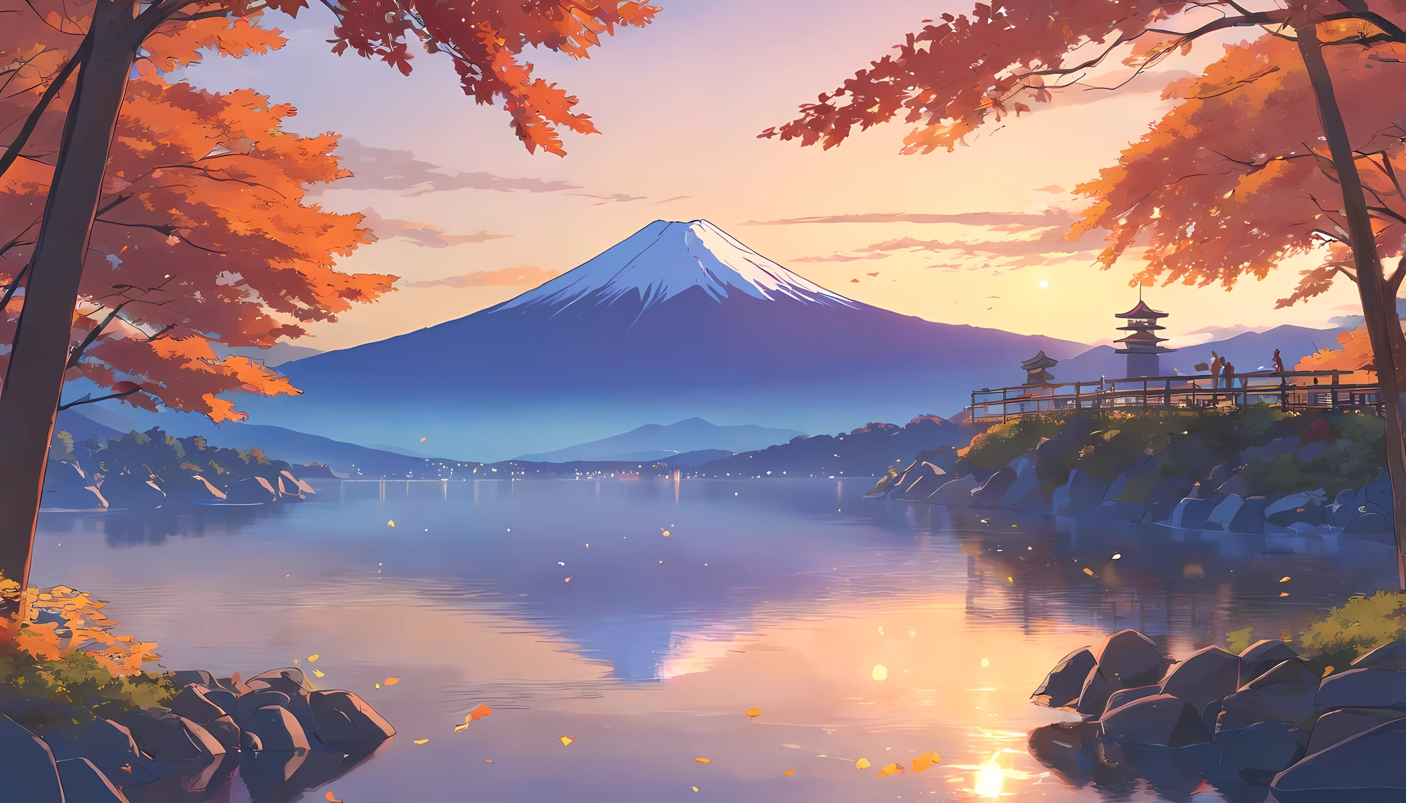 Autumn leaves in Japan、Autumn leaves that look like the mountains are burning、Sunset、Autumn leaves that look red in the setting sun、Mt fuji、lake、Autumn leaves reflected on the surface of the lake、The glittering summit of Mt. Fuji、