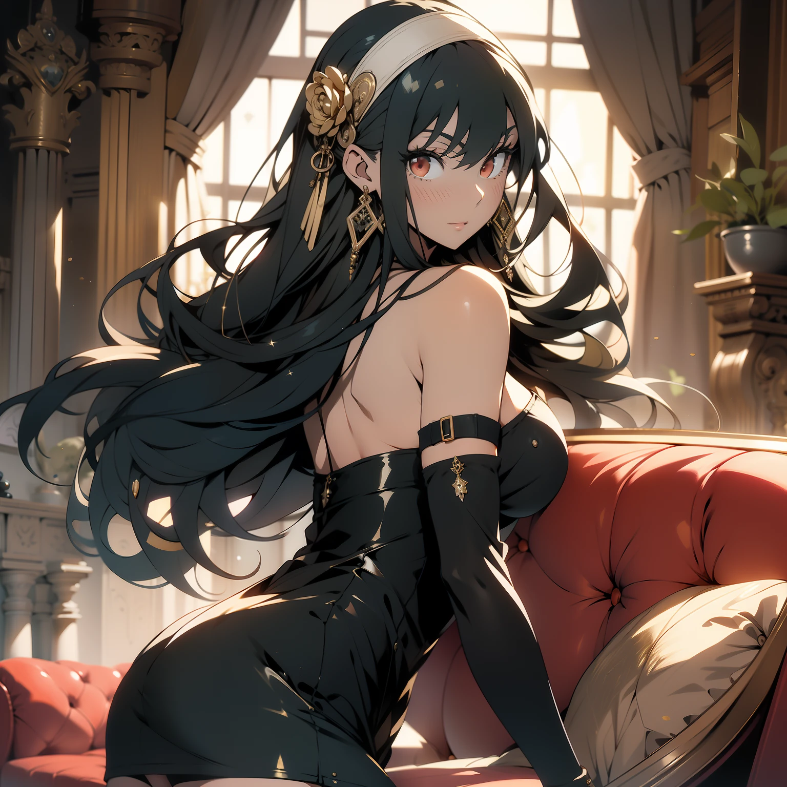 masterpiece, royal background, front light, yor, 1girl, solo, 23 years old, long hair, round butt, rear view, view from behind, looking at viewer, large breasts, blushing, cleveage, (black hair), embarrased, gold hair ornament, red eyes, thighhighs, gloves, dress, bare shoulders, jewelry, standing, indoors, couch, flower, sidelocks, hairband, dress, earrings, boots, black gloves, black thighhighs, hair flower, fingerless gloves, black dress, zettai ryouiki, thigh boots, two-sided fabric, holding dagger, gold hairband, two-sided dress,