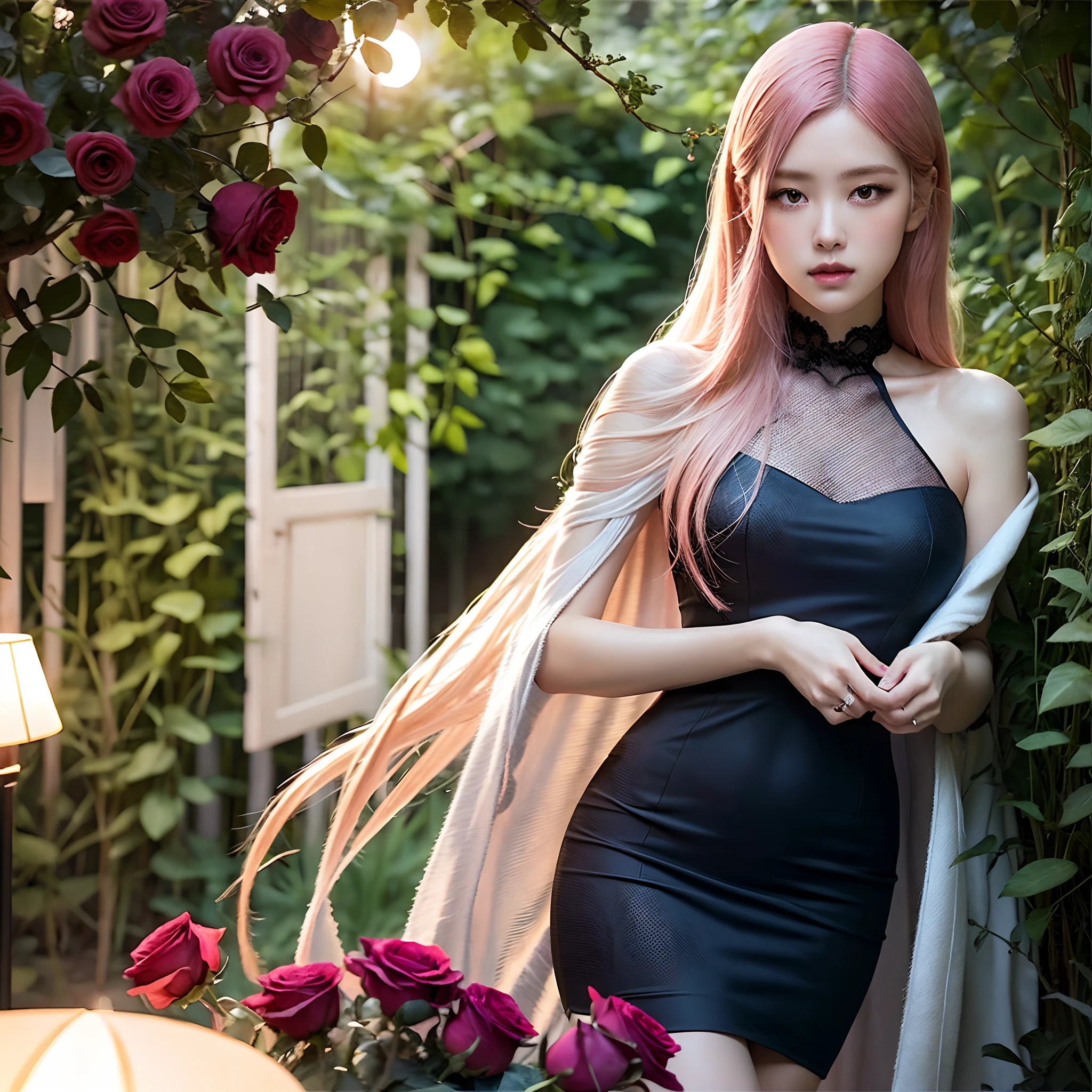 In the moonlit pink roses garden, a girl in a flowing black dress. Her beautiful detailed eyes capture the ethereal glow, while her exquisite lips hum along with the rhythm. Surrounding her, vibrant pink roses bloom in an array of colors, adding a touch of serenity to the scene. The girl's black dress shimmers with a satin-like texture, elegantly draping her slender figure. Every stitch and fold is meticulously crafted, exuding an air of sophistication and grace. Adding a touch of whimsy to the setting. Sparkling fireflies flit around, leaving trails of light that enhance the enchanting atmosphere. The image exudes the best quality, with a level of detail that is truly mesmerizing. The colors are vivid and vibrant, accentuating the natural beauty of the surroundings. The scene is captured with a photorealistic style, where every brushstroke and texture is rendered with utmost precision. The soft, warm color tones enhance the dreamlike ambiance, enveloping the viewer in a sense of tranquility and wonder. The girl's face is illuminated by gentle studio lighting, emphasizing the delicate features that make her truly captivating. From her expressive eyes to her flowing pink hair, every aspect is rendered with ultra-fine painting, resulting in an incredibly lifelike portrayal. Technical expertise creates a masterpiece that captures the essence of beauty and harmony. The overall scene exudes an aura of romanticism, blending elements of nature and music seamlessly. The play of light and shadow adds depth to the image, enhancing the overall visual imp