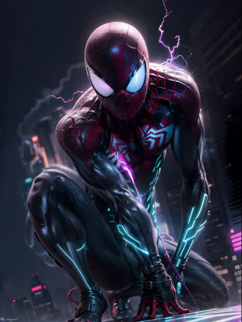 Spiderman, full face covered, symbiote, scared, black slime, octane render, bioluminescent,8K resolution concept art, realism,by Mappa studios,masterpiece,best quality,official art,illustration,ligne claire,(cool_color),perfect composition,absurdres, tall ...