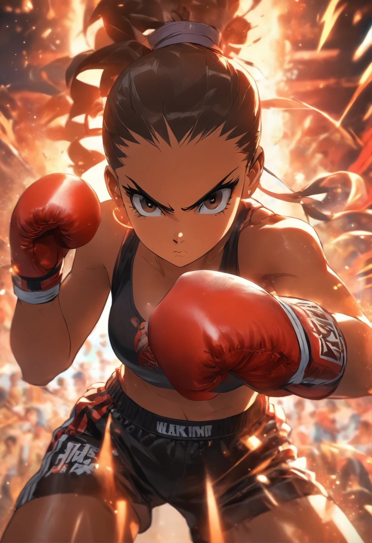Mature female boxer、Ponytail with black hair、Brown-skinned