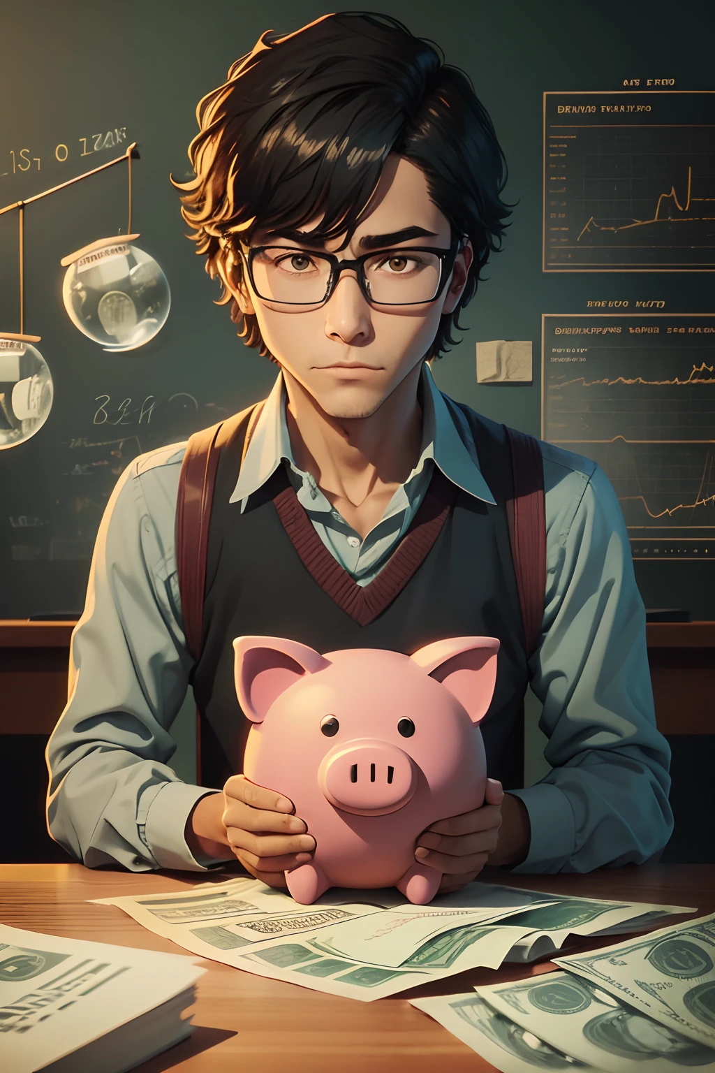 The prompt for Stable Diffusion is:

"A boy teaching finance, sitting in a chair, with a humorous twist. Illustration, high quality:1.2, ultra-detailed, realistic:1.37, vivid colors, portraits, warm color tones, soft lighting, playful attitude, pencil shavings, stacks of money, dollar signs, a blackboard with financial equations, a magnifying glass examining a stock chart, a piggy bank with a mischievous expression, a thought bubble with dollar signs, a piece of paper with the words 'Financial Wisdom' written on it, a stock market graph in the background, a briefcase with money spilling out, and a pile of books about economics and investing."

Please note that the prompt should not contain any prefix.
