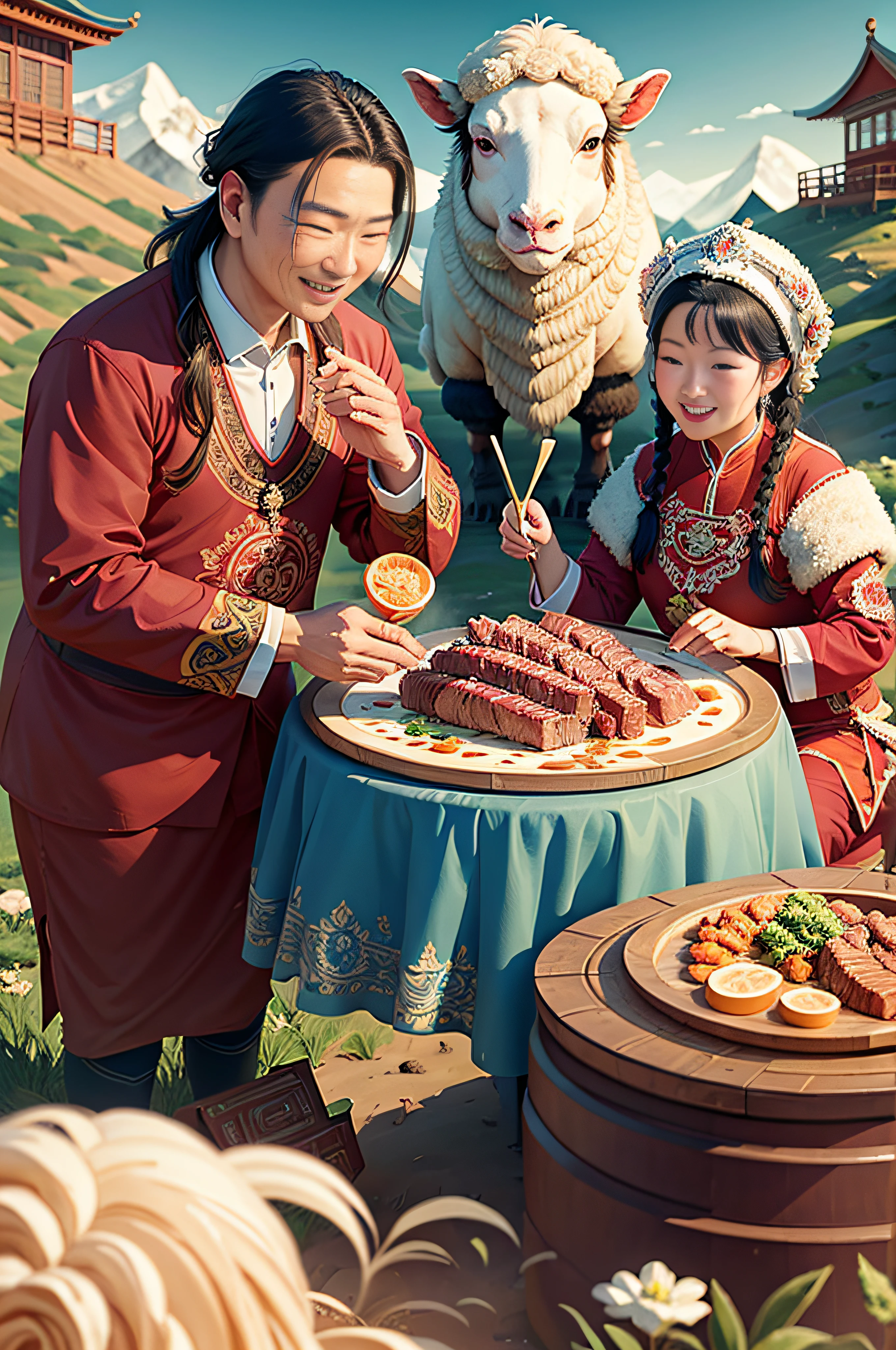 Ein mongolisches Paar，Glücklich，froh，Rindfleisch mit Soße essen，Schaf，Herde，Soße，Grasfläche