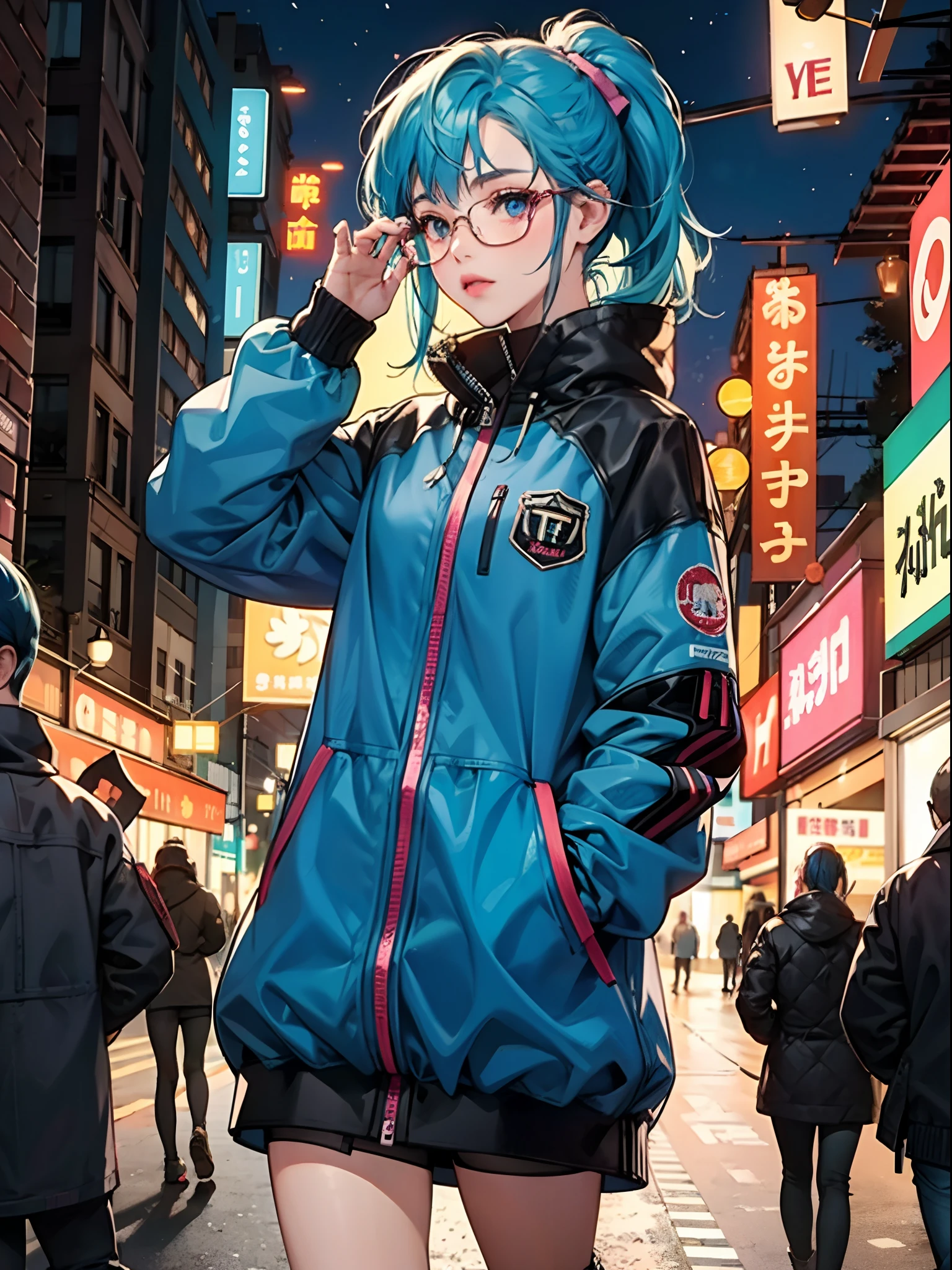 A girl with blue hair Pony tail wearing glases, on night street ...