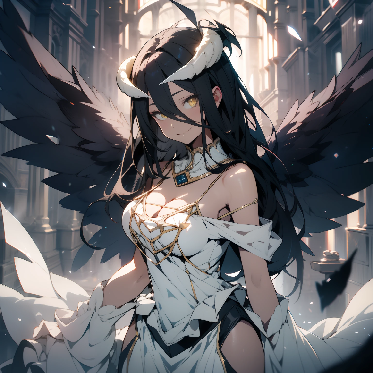 masterpiece, best quality, highres, al1, demon horns, slit pupils, white gloves, white dress, bare shoulders, detached collar, cleavage, black wings, feathered wings, low wings, cowboy shot, standing, smile, dungeon, evil smile, black hair