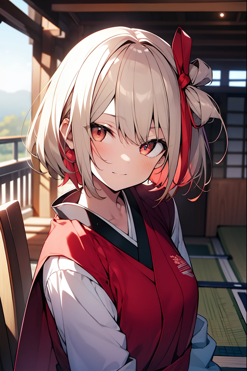 chisatonishikigi, nishikigi chisato, short hair, bangs, blonde hair, (red eyes:1.5), hair ribbon, one side up, bob cut,
BREAK japanese clothes, kimono, apron, red ribbon, waitress, red kimono,
BREAK outdoors, track and field,
BREAK looking at viewer, BREAK (masterpiece:1.2), best quality, high resolution, unity 8k wallpaper, (illustration:0.8), (beautiful detailed eyes:1.6), extremely detailed face, perfect lighting, extremely detailed CG, (perfect hands, perfect anatomy),