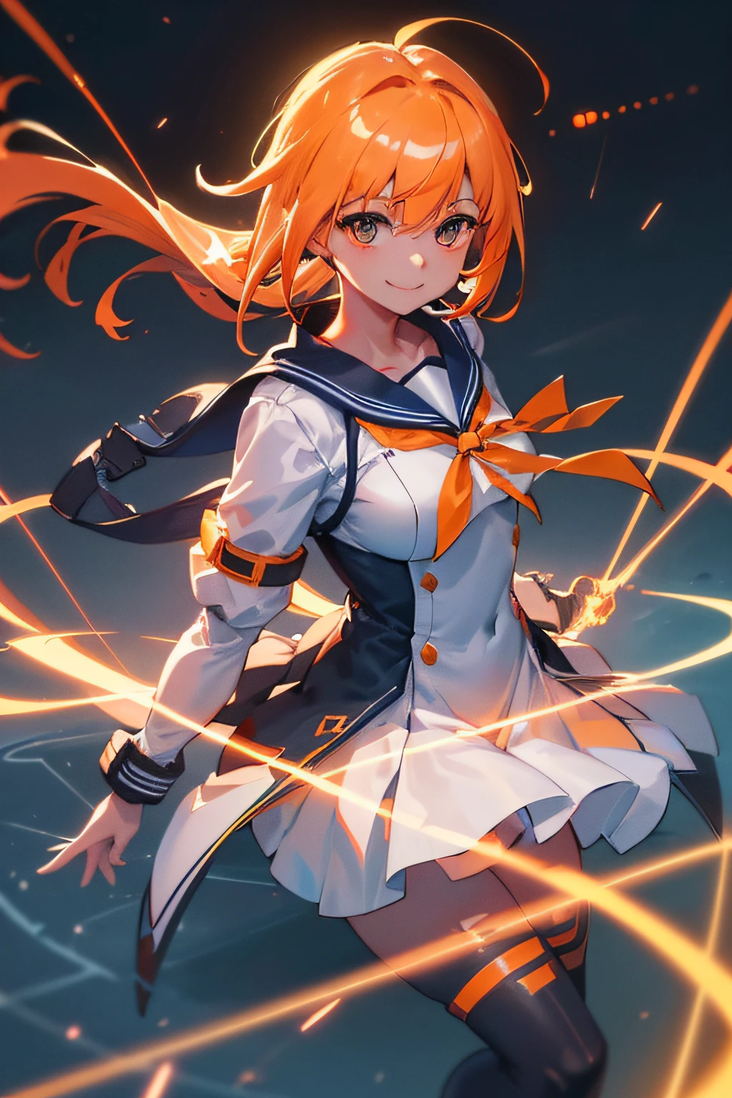 Cybernetic arm and glowing cyber girl,(J Women's Uniform,a sailor suit,White skirt,)Stand on a post-apocalyptic battlefield cityscape.Surrounded by a network of wires. Surrounded by a web of circuits. (Cyber Girl with Orange Glowing Sword:1.3), Glossy light brown and orange striped shorthair,Cute smile,Perfect round face,Black eyes,A cheerful smile that makes the viewer happy,Proper body proportion,Intricate details,Very delicate and beautiful hair,photos realistic,Dreamy,Professional Lighting,realistic shadow,Solo Focus,Beautiful hands,Beautiful fingers,Detailed finger features,detailed clothes features,Detailed hair features,detailed facial features,(masutepiece,top-quality,Ultra-high resolution output image,) ,(The 8k quality,),(Image Mode Ultra HD,),(Image Mode Ultra HD,),(SeaArt2 Mode.1:1.3),Science fiction fantasy