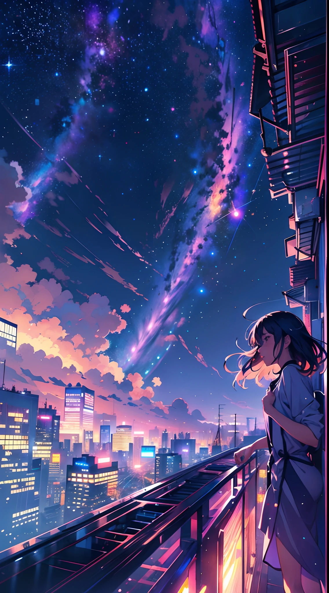 (best quality,4k,highres,masterpiece:1.2),ultra-detailed,realistic,anime girl standing on rooftop staring at night sky with stars and rainbow,rainbow starry night,anime-style art,beautiful detailed eyes,beautiful detailed lips,extremely detailed eyes and face,long eyelashes,vibrant colors,portraits,landscape,cityscape,huge full moon,quiet and calm atmosphere,majestic skyline with towering buildings,peaceful and serene feeling,detailed architecture silhouette,motionless and still air,soft gentle breeze,wispy clouds and fog,luminous starry sky,sparkling and shimmering stars,breathtaking star-filled backdrop,gorgeous vibrant rainbow,softly glowing rainbow colors,shooting stars streaking across the sky,crisp and clear view of night sky,gorgeous anime art wallpaper,ethereal and dreamlike setting,makoto shinkai cyril rolando-inspired illustration,immersive and captivating scene,mesmerizing anime girl with flowing hair,calm and content expression,city lights twinkling below,nighttime cityscape with glowing windows,tranquil and awe-inspiring rooftop view,peaceful and mesmerizing ambiance,reflective and contemplative moment,deep sense of tranquility and solitude,light pollution revealing distant galaxies and constellations,awe-inspiring beauty of the universe,heartwarming sense of wonder and awe.