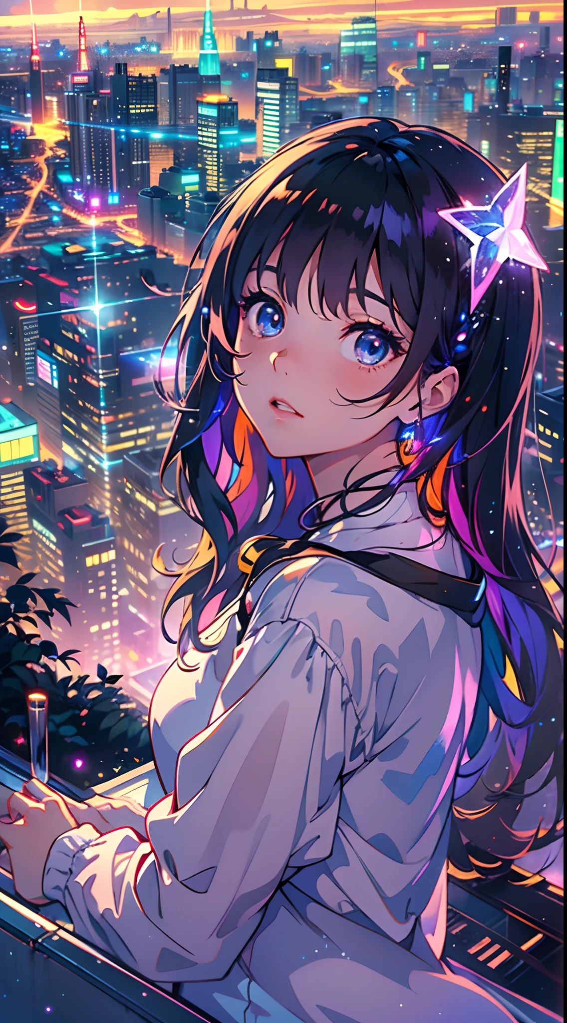 (best quality,4k,highres,masterpiece:1.2),ultra-detailed,(rainbow in the sky:1.2),realistic,anime girl standing on rooftop staring at night sky with stars and rainbow,rainbow starry night,anime-style art,beautiful detailed eyes,beautiful detailed lips,extremely detailed eyes and face,long eyelashes,vibrant colors,portraits,landscape,cityscape,huge full moon,quiet and calm atmosphere,majestic skyline with towering buildings,peaceful and serene feeling,detailed architecture silhouette,motionless and still air,soft gentle breeze,wispy clouds and fog,luminous starry sky,sparkling and shimmering stars,breathtaking star-filled backdrop,gorgeous vibrant rainbow,softly glowing rainbow colors,shooting stars streaking across the sky,crisp and clear view of night sky,gorgeous anime art wallpaper,ethereal and dreamlike setting,makoto shinkai cyril rolando-inspired illustration,immersive and captivating scene,mesmerizing anime girl with flowing hair,calm and content expression,city lights twinkling below,nighttime cityscape with glowing windows,tranquil and awe-inspiring rooftop view,peaceful and mesmerizing ambiance,reflective and contemplative moment,deep sense of tranquility and solitude,light pollution revealing distant galaxies and constellations,awe-inspiring beauty of the universe,heartwarming sense of wonder and awe.