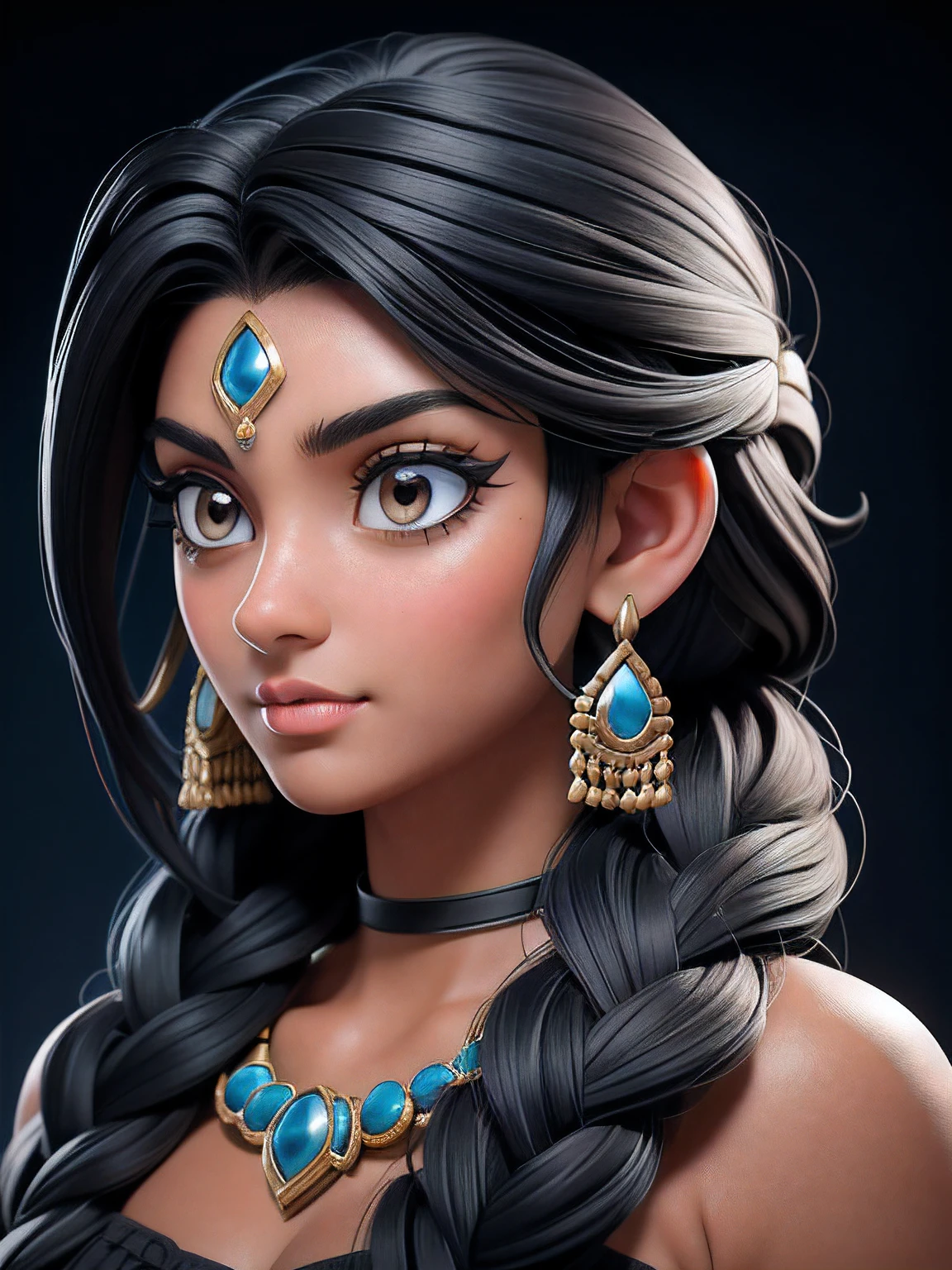 black hair, dark blue hair, curly hair, Indian girl, facing the viewer, facing the camera, hair over shoulder, messy hair, twin braids, snake hair ornament, snake pupils, heart earrings, pain, Surrealism, front sided view, f/1.2, 8k, super detail, masterpiece, textured skin, super detail, high quality, high details, award winning, best quality, highres, 16k, 8k