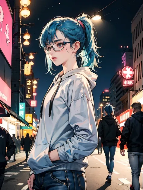 A girl with blue hair Pony tail  wearing glasses and gray Hoodie, on night street cyberpunk city