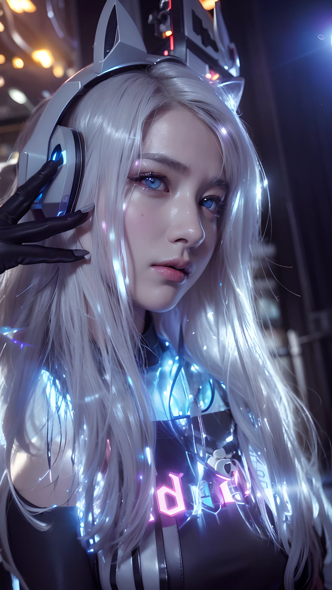 top-quality、​masterpiece、超A high resolution、(Photorealsitic:1.4)、Raw photo、Battle Cyborg Angel、large wings made of metal、White porcelain body、Acrylic Clear Cover、white  hair、glowy skin、1 Cyborg Girl、((super realistic details))、portlate、globalillumination、Shadow、octan render、8K、ultrasharp、character edge light,Colossal 、Raw skin is exposed in cleavage、Details of complex ornaments、Double Zeta Gundam details、Hydraulic cylinder、Small LED lamp、highly intricate detail、Realistic light、a purple eye、radiant eyes、Facing the camera、neon details、cowboy  shot、Futuristic headgear、About Cyberpunk、、