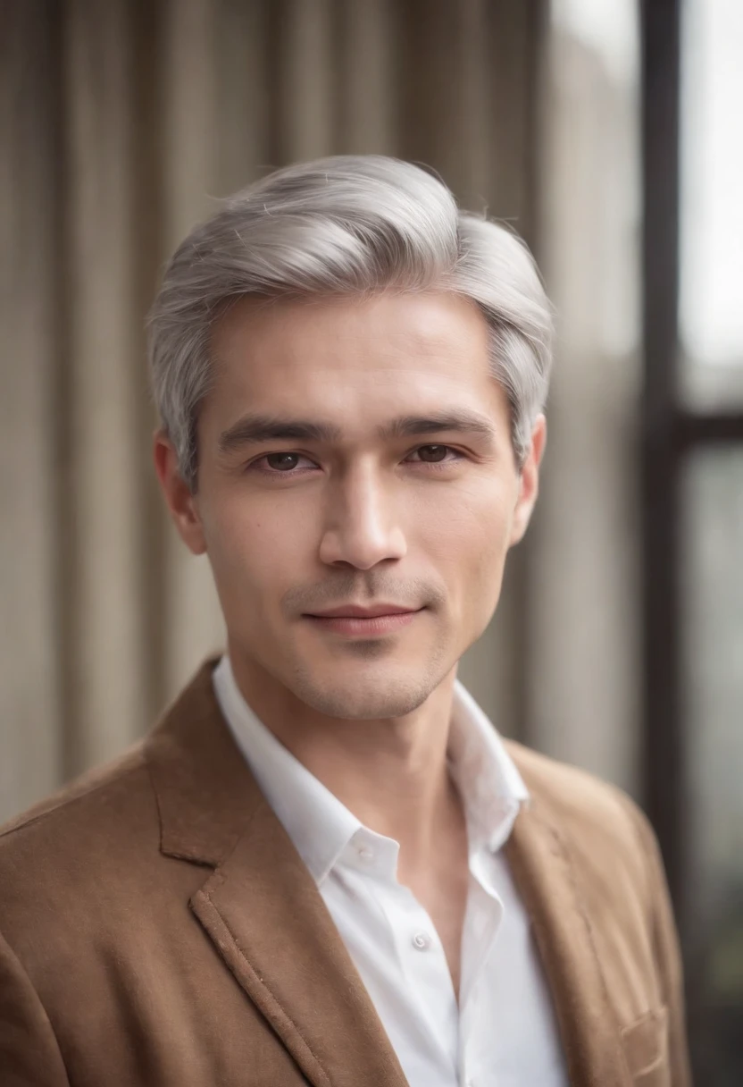 Portrait of handsome man 40 years old round face cinematic appearance、Silver hair、Brown jacket、White button-down shirt、kindly smile、Photography, Male perfection,  Black eyes, Hyper realistic, 8K - V 4、50-year-old dandy gentleman、Gentle eyes、Gray hair、Looking straight ahead at the camera、Gentle expression